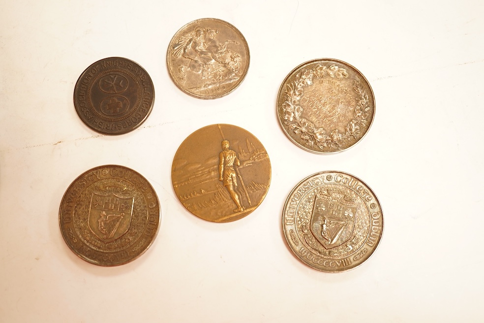 British coins and medals, Victoria, two crowns, 1887 fine, and 1899, good VF, double florin, 1887, VF, other coins and three silver University College Dublin medical school Medals, 1910, good VF